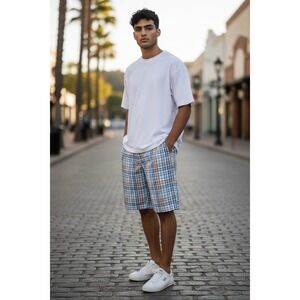 VTG Y2K Ecko Unltd Shorts Mens 32 Blue Plaid Cargo Cotton Casual Streetwear